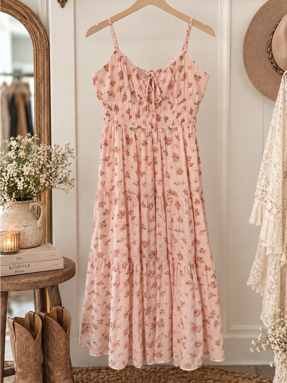 Trixxi Pink Transition to Fall Smocked Tiered Midi Dress - Size Medium. Like New